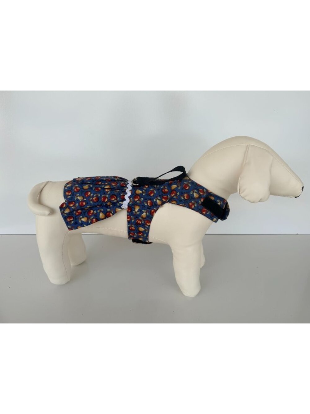 Handmade Small Dog Adjustable Dress Outfit w Harness Apple Pear Ruffle Blue